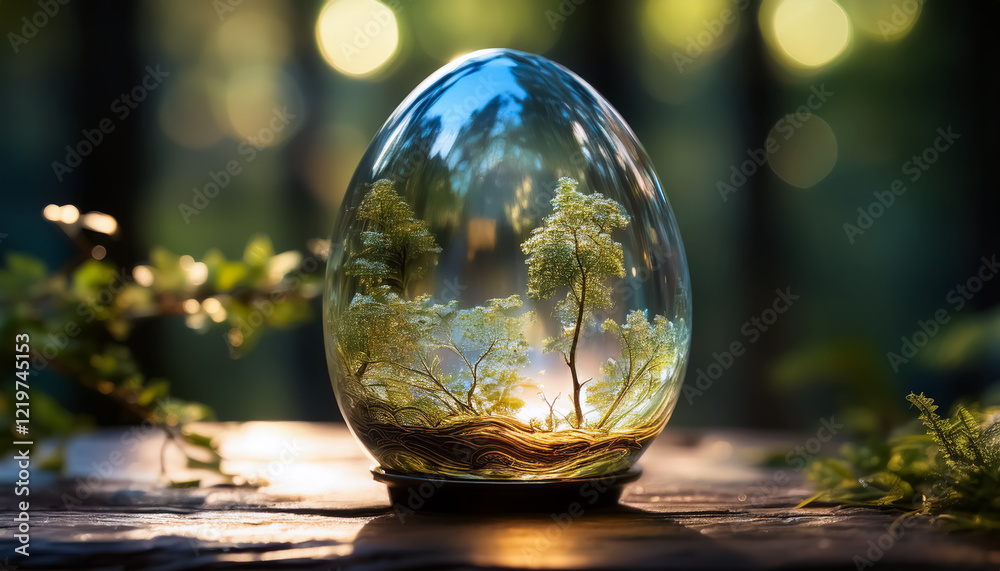 Glass egg with plants, tree, forest, nature, green, nurture, environment, protect, design, illustration