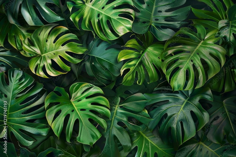 Lush, vibrant green monstera leaves overlap, creating a captivating tropical background Lush, vibrant green monstera leaves overlap, creating a captivating tropical background