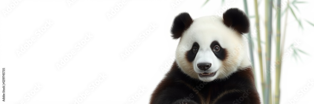 Fototapeta premium Panda bear with expressive face sitting gracefully in front of bamboo background conveying a sense of curiosity and playfulness