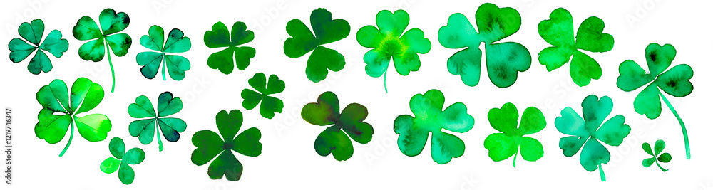 Fototapeta premium Set of watercolor clover plant illustrations in varying green shades, symbolizing luck and family, wealth and good fortune, saint Patrick’s day holiday, isolated on white background, png