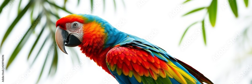 Obraz premium Vibrant scarlet macaw perched among green leaves, exuding beauty and grace, showcasing its stunning colors in a lush tropical environment