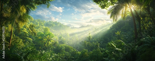 A lush, vibrant jungle scene with sunlight streaming through the trees, creating a serene and peaceful atmosphere in a tropical landscape.