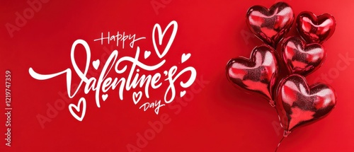 Happy Valentines Day greeting with red heartshaped balloons on a vibrant red background Perfect for Valentines Day, love, romance, and celebrationthemed projects photo