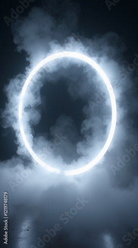 White Magical Geometric Circle Neon Portal Shrouded In Light Smoke. Round Glowing Frame