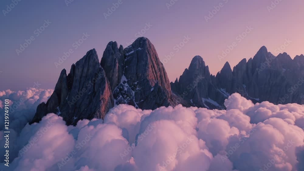 A stunningly serene mountain landscape is beautifully bathed in twilight, as clouds gently envelop the majestic peaks