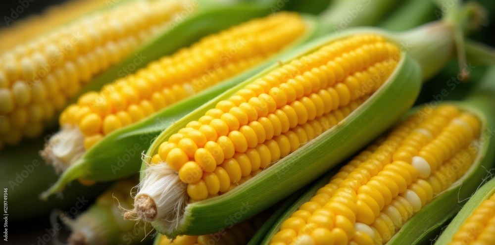 Corn on the cob with husks partially pulled off, harvest, seasonal produce, farm Corn on the cob with husks partially pulled off, harvest, seasonal produce, farm