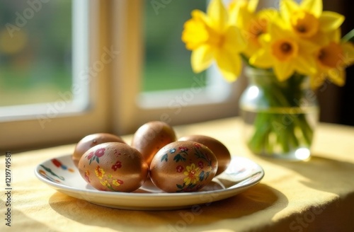 Painted eggs,in the color of the year mocha mousse on a plate,flowers in a vase at the back,for Easter photo