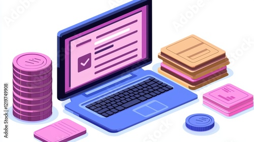 Digital finance concept with laptop and stacks of coins and cards