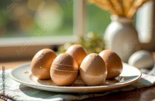 Painted eggs,in the color of the year mocha mousse on a plate,flowers in a vase at the back,for Easter photo