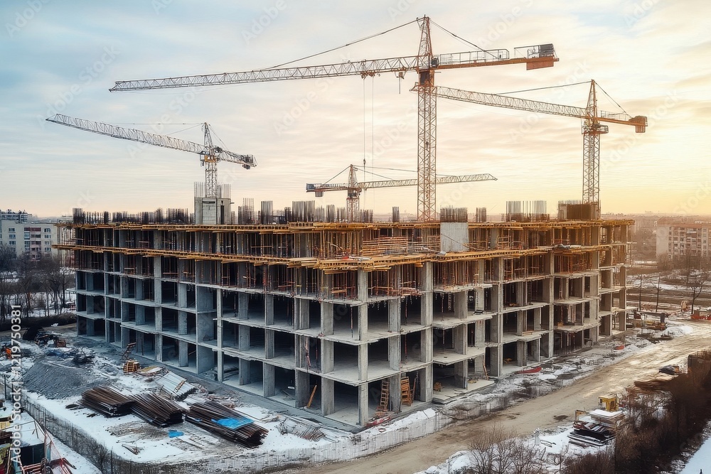 Construction site featuring cranes and a multi-story concrete structure against a sunset backdrop, showcasing urban development in progress, winter season with snow on the ground Construction site featuring cranes and a multi-story concrete structure against a sunset backdrop, showcasing urban development in progress, winter season with snow on the ground