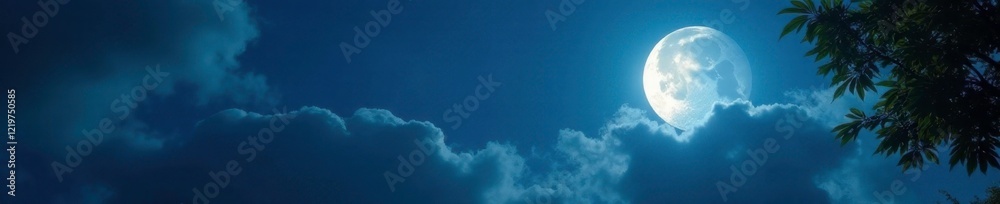 Luminous half moon in cloudy blue sky with gentle breeze rustling leaves, atmospheric, cloud Luminous half moon in cloudy blue sky with gentle breeze rustling leaves, atmospheric, cloud