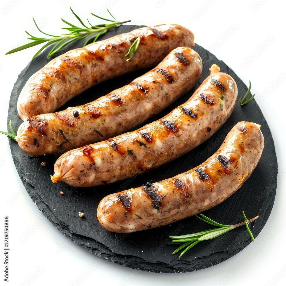 Delicious grilled sausages with rosemary lying on a black slate plate Delicious grilled sausages with rosemary lying on a black slate plate