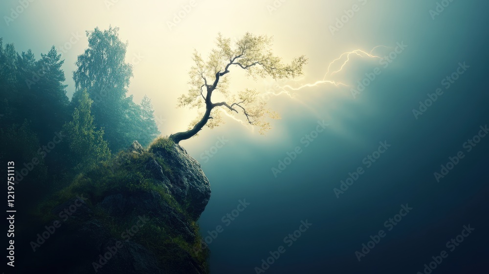 Lonely Tree On A Cliff Under Dramatic Lightning And Foggy Skies Lonely Tree On A Cliff Under Dramatic Lightning And Foggy Skies