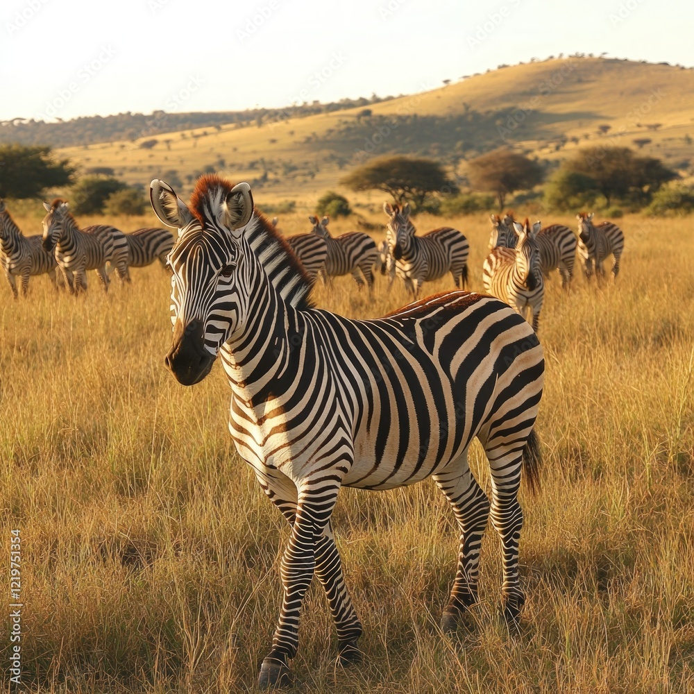 Naklejka premium Zebra herd in golden savanna grassland.
