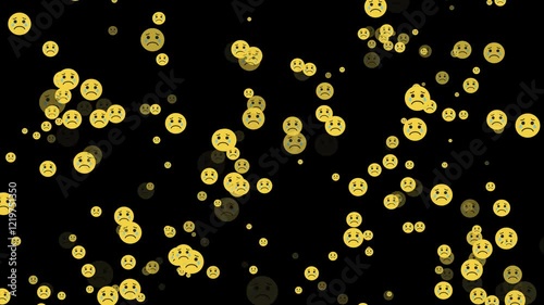Animated crying face emoji with tears flying randomly against a completely black background, seamless animation of blue and yellow emoticons expressing sadness, despair, and emotions.