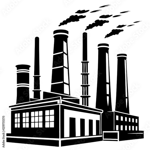 Industrial Complex Silhouette: A stark black and white illustration depicting a sprawling industrial complex, with multiple smokestacks emitting smoke, symbolizing industry, manufacturing, and power.