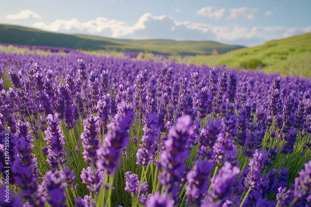 Serene Field of Lavender Blooms under a Sunny Blue Sky, Nature's Beauty Captured in a Lavender Field Landscape Serene Field of Lavender Blooms under a Sunny Blue Sky, Nature's Beauty Captured in a Lavender Field Landscape