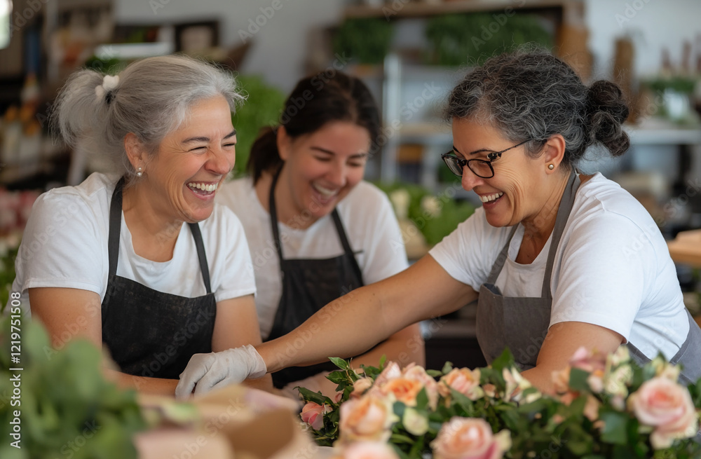 A florist and a customer laughing together while picking out roses in a bright and colorful shop A florist and a customer laughing together while picking out roses in a bright and colorful shop