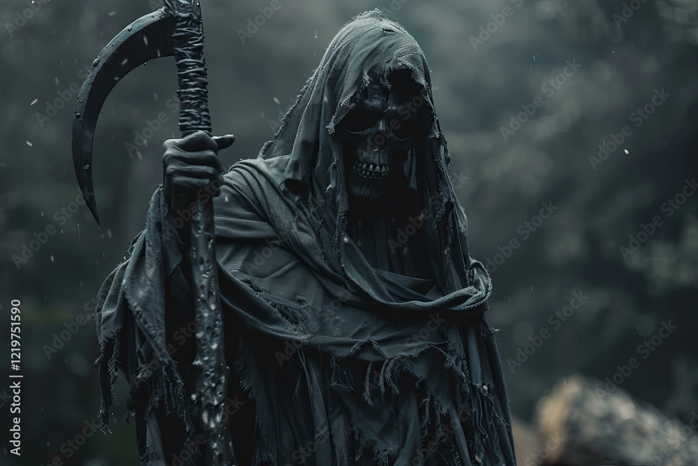 Obraz premium Death personified as skeletal figure in hooded cloak, wielding scythe in eerie, rainy forest