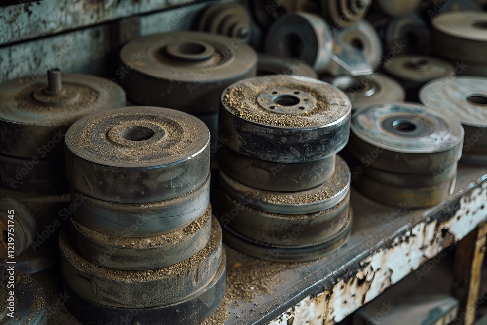 Close up of stacks of used industrial grinding wheels covered with dust, showcasing the wear and tear of manufacturing processes