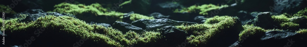 Lush green moss blanketing dark rocks in a tranquil, shaded forest area showcasing nature's beauty at dawn Lush green moss blanketing dark rocks in a tranquil, shaded forest area showcasing nature's beauty at dawn