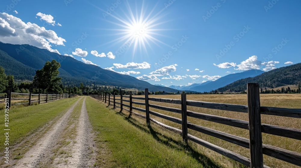 An expansive rural scene with a bright sun, blue sky, and fluffy clouds over a scenic dirt road and wooden fence, epitomizing tranquility and beauty. An expansive rural scene with a bright sun, blue sky, and fluffy clouds over a scenic dirt road and wooden fence, epitomizing tranquility and beauty.