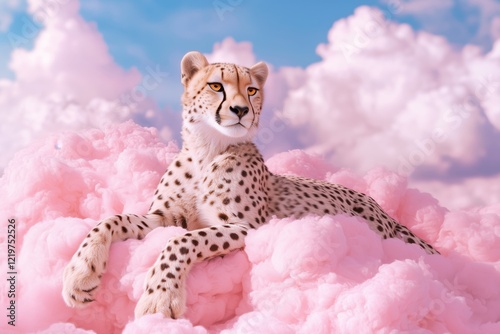 A graceful cheetah lounging on fluffy pink clouds under a blue sky, blending elegance and fantasy in a surreal and dreamy setting.