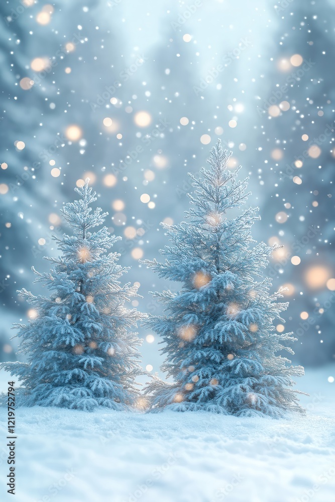 Winter landscape with snow-covered trees. Soft light, bokeh effects create serene, peaceful atmosphere. Trees covered with layer of frost, snow. Festive, tranquil scene. Perfect for holiday winter Winter landscape with snow-covered trees. Soft light, bokeh effects create serene, peaceful atmosphere. Trees covered with layer of frost, snow. Festive, tranquil scene. Perfect for holiday winter