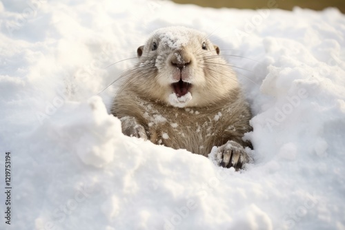 Groundhog emerging from its burrow in a snow covered field photo