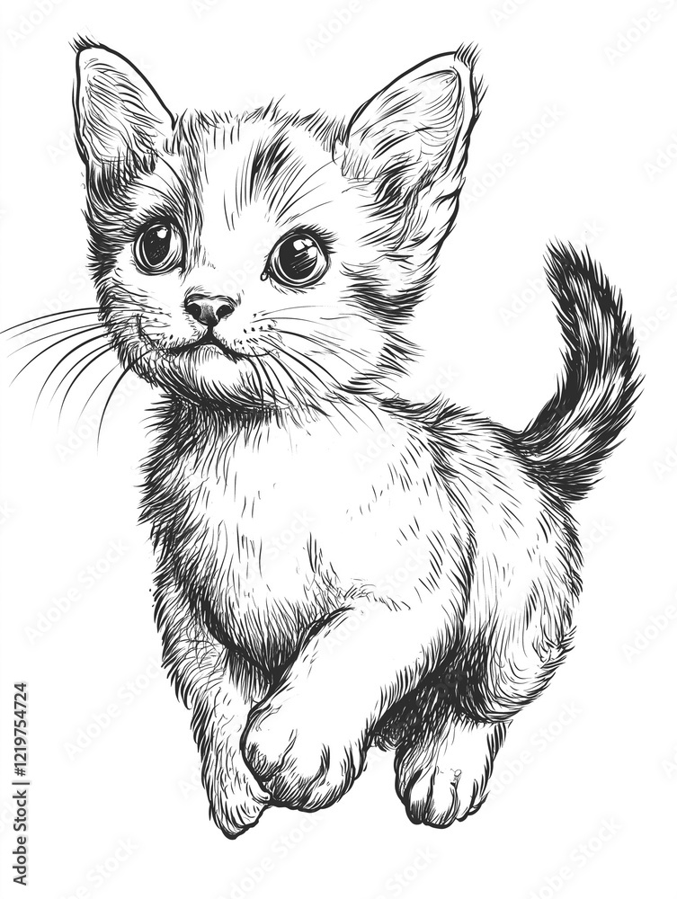 Obraz premium Vintage Retro Cute Kitten in black and white line art style, isolated on white background