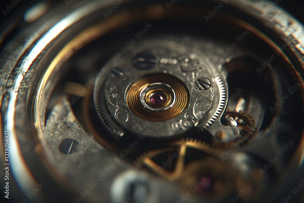 Intricate inner gears of an antique pocket watch magnified in detail, showcasing vintage craftsmanship, metallic textures, and precision engineering under soft lighting Intricate inner gears of an antique pocket watch magnified in detail, showcasing vintage craftsmanship, metallic textures, and precision engineering under soft lighting