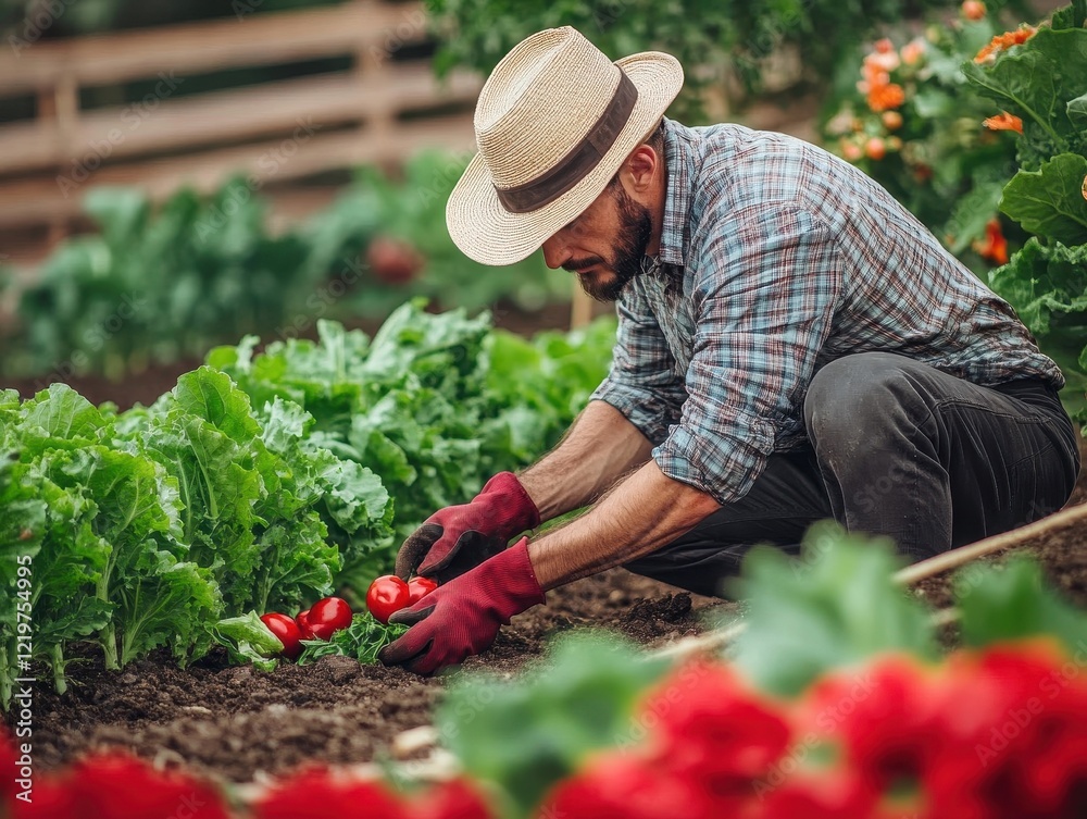 Man harvesting ripe tomatoes in a lush vegetable garden surrounded by green leafy plants on a sunny day Man harvesting ripe tomatoes in a lush vegetable garden surrounded by green leafy plants on a sunny day