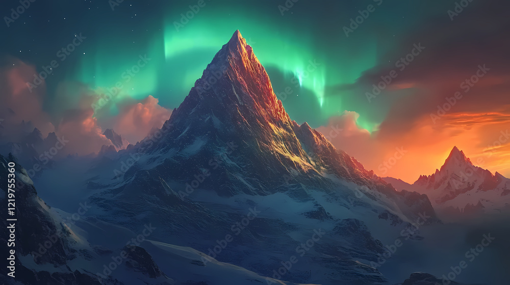Majestic mountain peak illuminated by vibrant green aurora borealis. Aurora Peak. Illustration Majestic mountain peak illuminated by vibrant green aurora borealis. Aurora Peak. Illustration