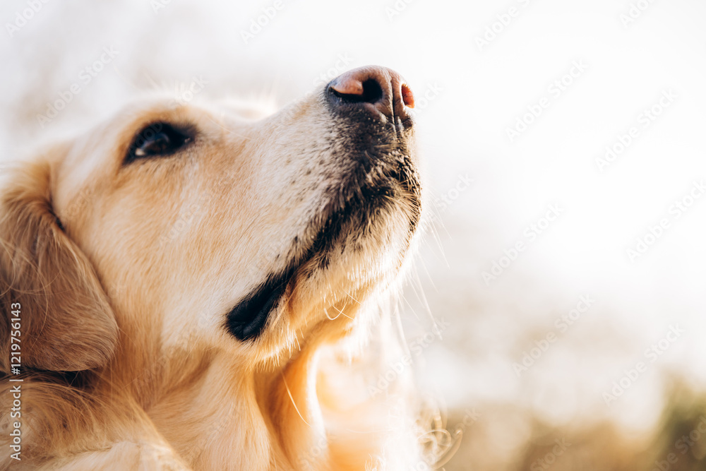 Golden retriever dog sniffing and enjoying sunlight outdoors Golden retriever dog sniffing and enjoying sunlight outdoors