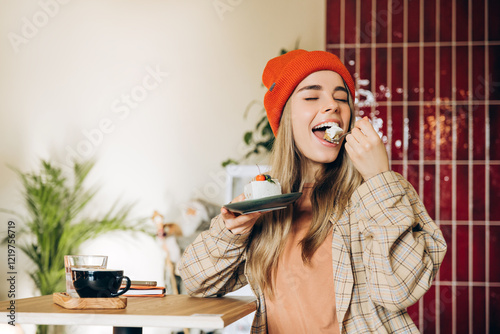 Fotografie Happy young woman eating a delicious piece of cake in a coffee shop