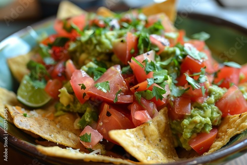 Close up of tortilla chips topped with fresh guacamole, diced tomatoes, grated cheese, lime wedge, and coriander, creating a vibrant and appetizing mexican appetizer