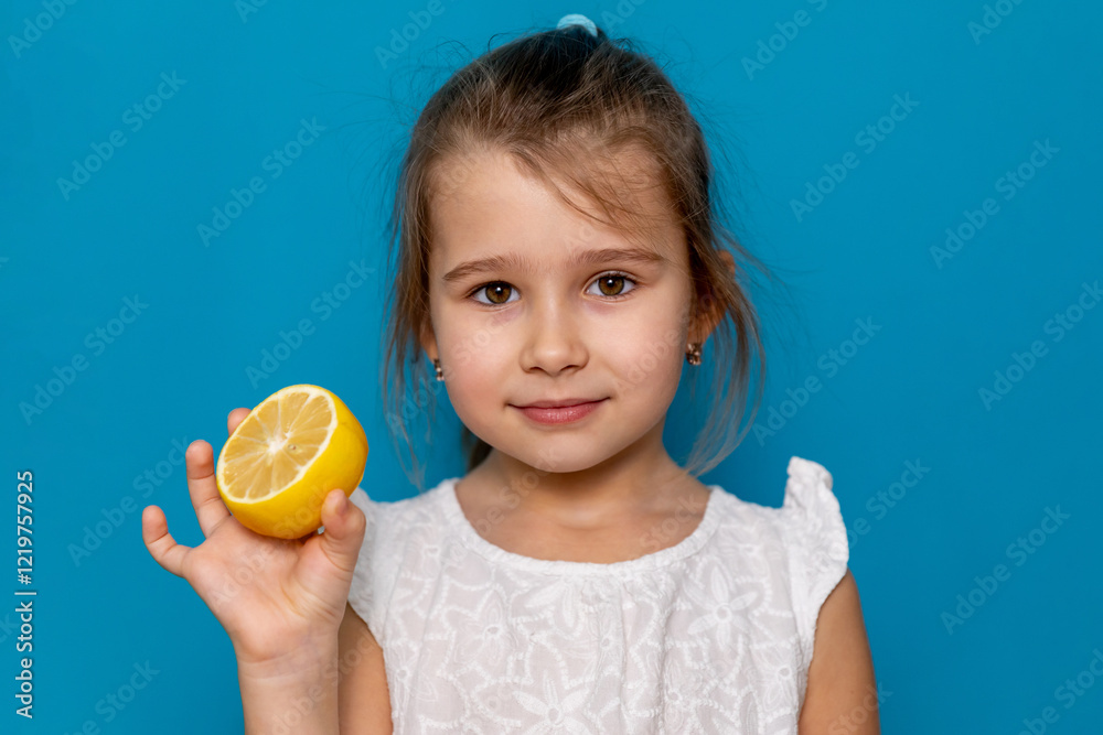 Little smiling cute blonde girl in white t-shirt holding half of fresh sour yellow lemon fruit on blue background. Healthy lifestyle and clean eating concept. Vitamin C, copy space Little smiling cute blonde girl in white t-shirt holding half of fresh sour yellow lemon fruit on blue background. Healthy lifestyle and clean eating concept. Vitamin C, copy space