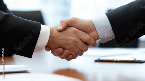 A firm handshake between two professionals formalizes an agreement, signifying trust and partnership across a polished, corporate table. photo