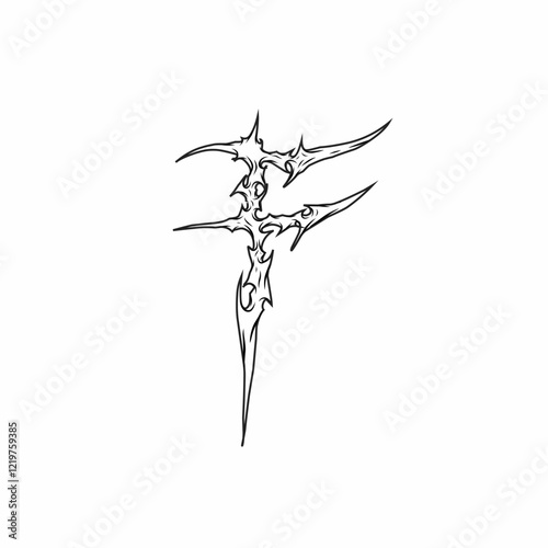 F, edgy tribal letter design with sharp spikes and fluid abstract lines, ideal for tattoos, band logos, and alternative apparel prints