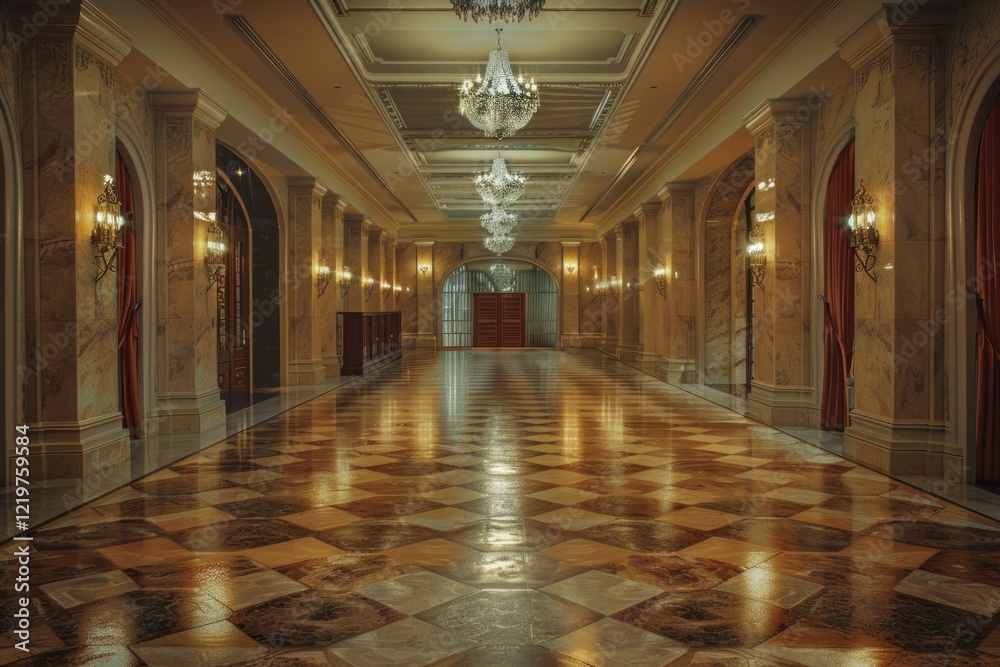 Elegant interior of a palace hall featuring crystal chandeliers, marble floor, and ornate wall sconces, creating a luxurious and opulent atmosphere Elegant interior of a palace hall featuring crystal chandeliers, marble floor, and ornate wall sconces, creating a luxurious and opulent atmosphere
