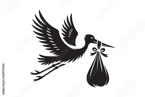 silhouette of stork holding a baby basket icon