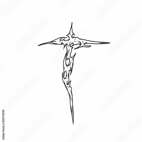 T, bold tribal letter design with angular spikes and abstract patterns, ideal for tattoos, alternative logos, and t-shirt designs