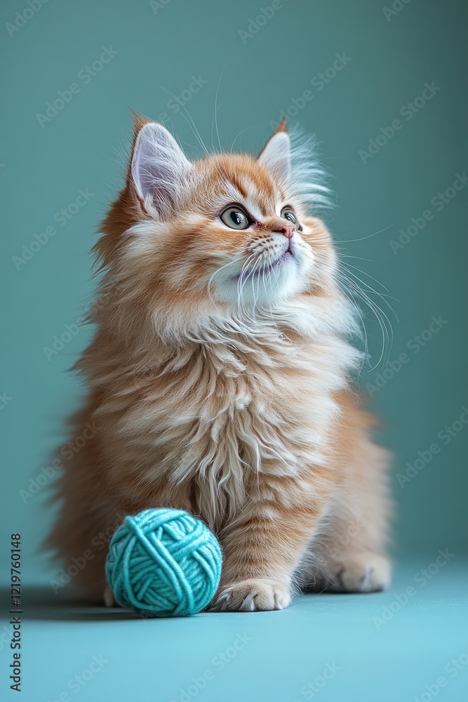 Obraz premium Fluffy ginger kitten, teal yarn ball.