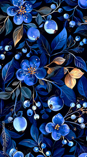 Textured background with fresh blueberries and flowers on a blue background. Abstract banner.
