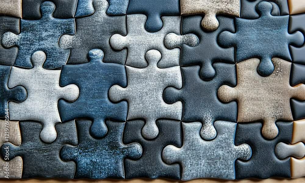 Assembled dark blue jigsaw puzzle pieces on wood, close-up