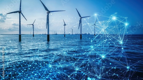 Innovative offshore wind farm harnessing renewable energy with digital connectivity technology in a coastal landscape during twilight