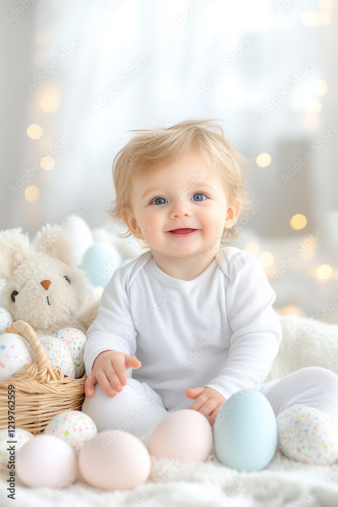 A joyful toddler sits on a soft blanket surrounded by fluffy plush toys and a basket filled with colorful pastel Easter eggs, all bathed in gentle light A joyful toddler sits on a soft blanket surrounded by fluffy plush toys and a basket filled with colorful pastel Easter eggs, all bathed in gentle light
