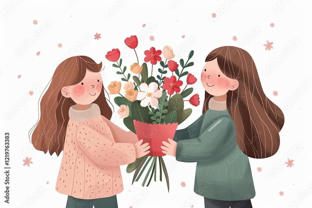 Friends exchanging a bouquet of colorful flowers in a cheerful illustration Friends exchanging a bouquet of colorful flowers in a cheerful illustration