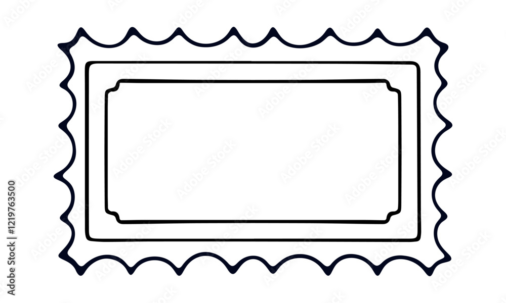 Minimalistic black and white illustration of wavy rectangular frame with an inner border. Perfect for creative projects and designs.