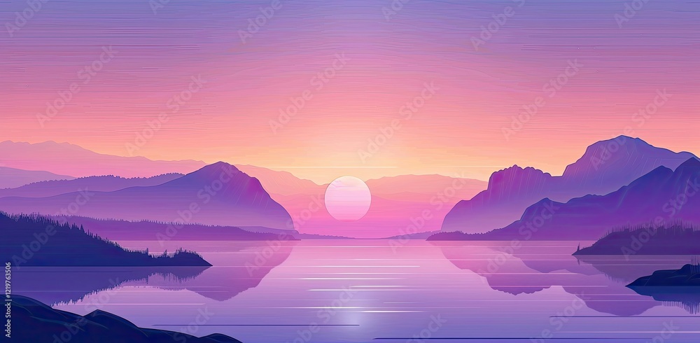 A flat design of a purple sunset with mountains, evoking a sense of calm and natural beauty. A flat design of a purple sunset with mountains, evoking a sense of calm and natural beauty.